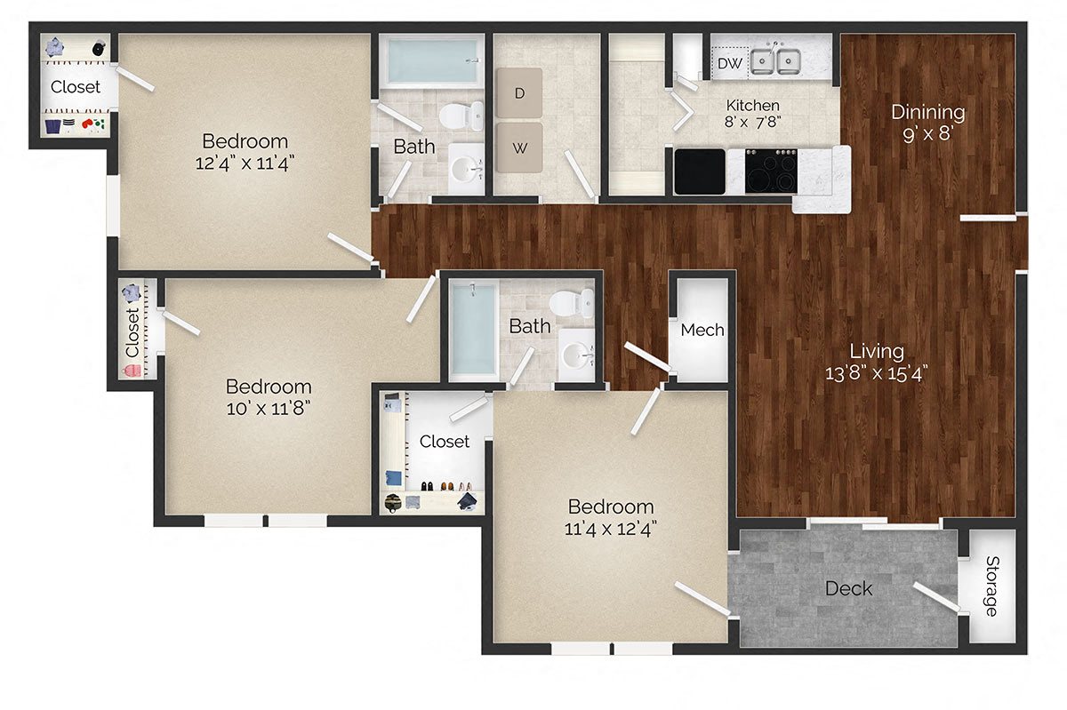 Floor plan for 3 beds, 2 baths, 1143 sqft